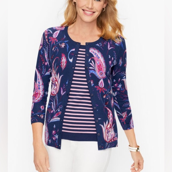 Talbots Charming Collection Blue & Pink Winding Paisley Cardigan Sweater Sz S - Picture 6 of 13